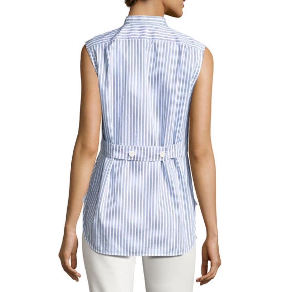 Helmut Lang Blue Striped Sleeveless Tie-Front Cotton Poplin Shirt Size Medium - Picture 2 of 13